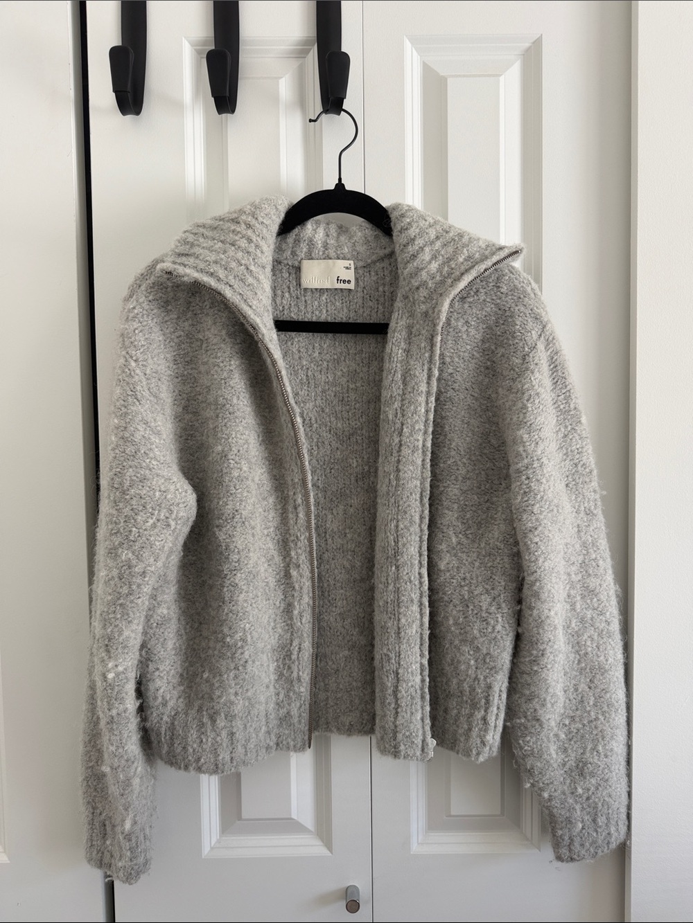 Winfred Free - Light Gray Zip-Front Wool Blend Cardigan Jacket